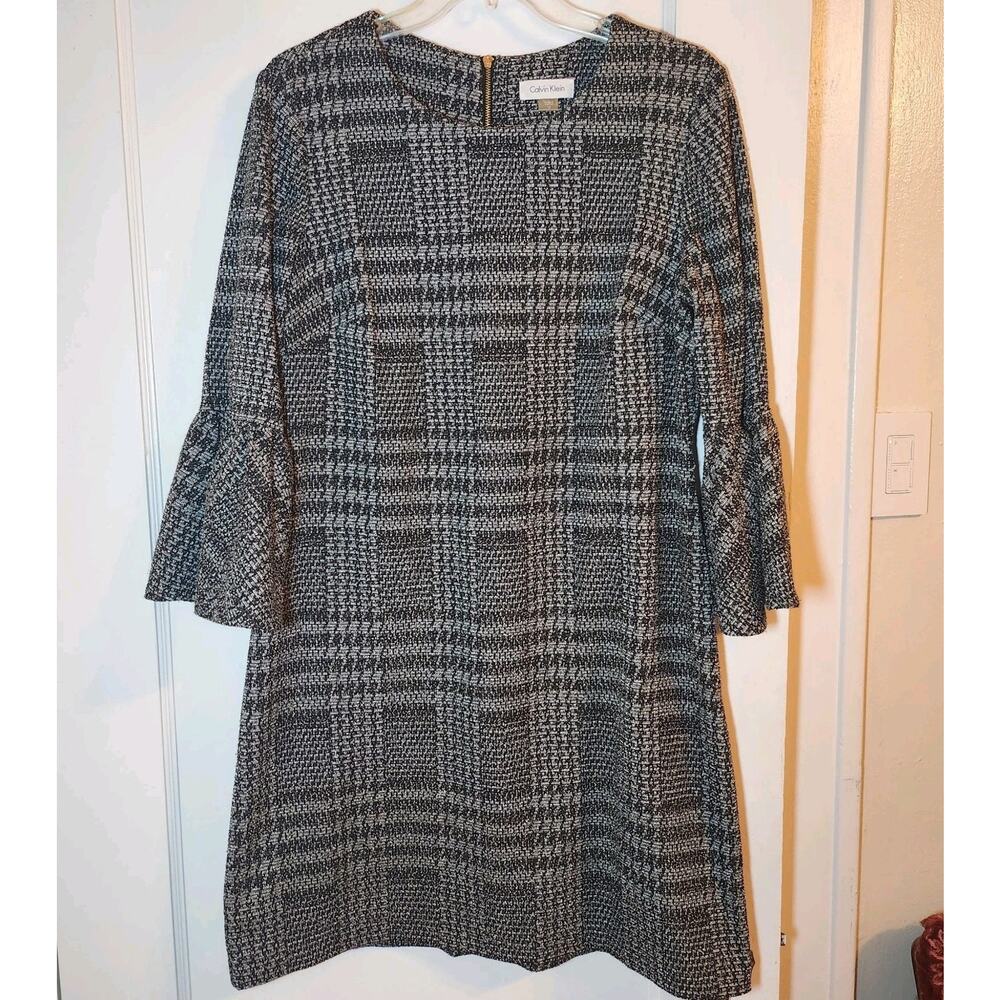 Calvin Klein Womens Bell Sleeve Dress Size 12 Black White Houndstooth‎ Plaid
